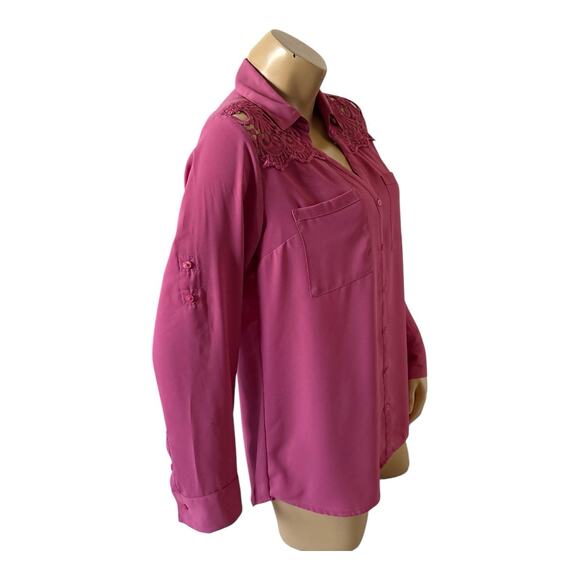 EXPRESS Womens Size Large Fuchsia Pink Convertible Portofino Button Front Shirt - Picture 3 of 9